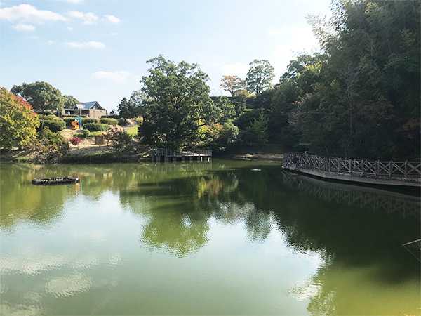 高田濃施山公園　池とヘラブナを釣る人